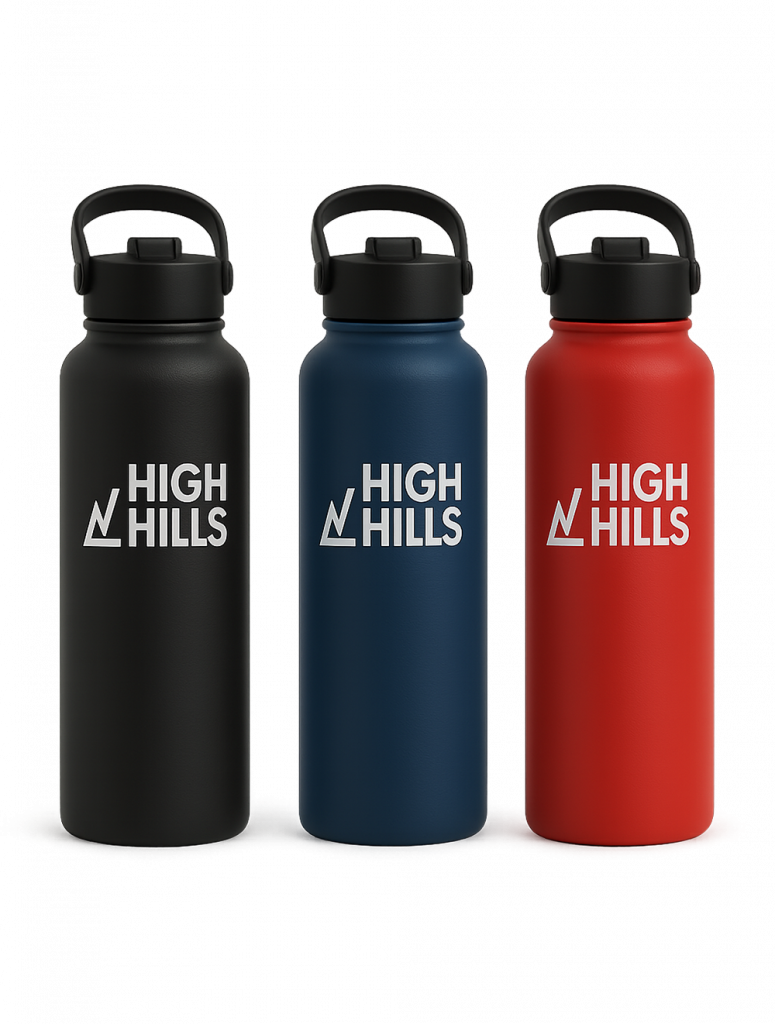 Gourdes de sport Highhills noires, bleues et rouges