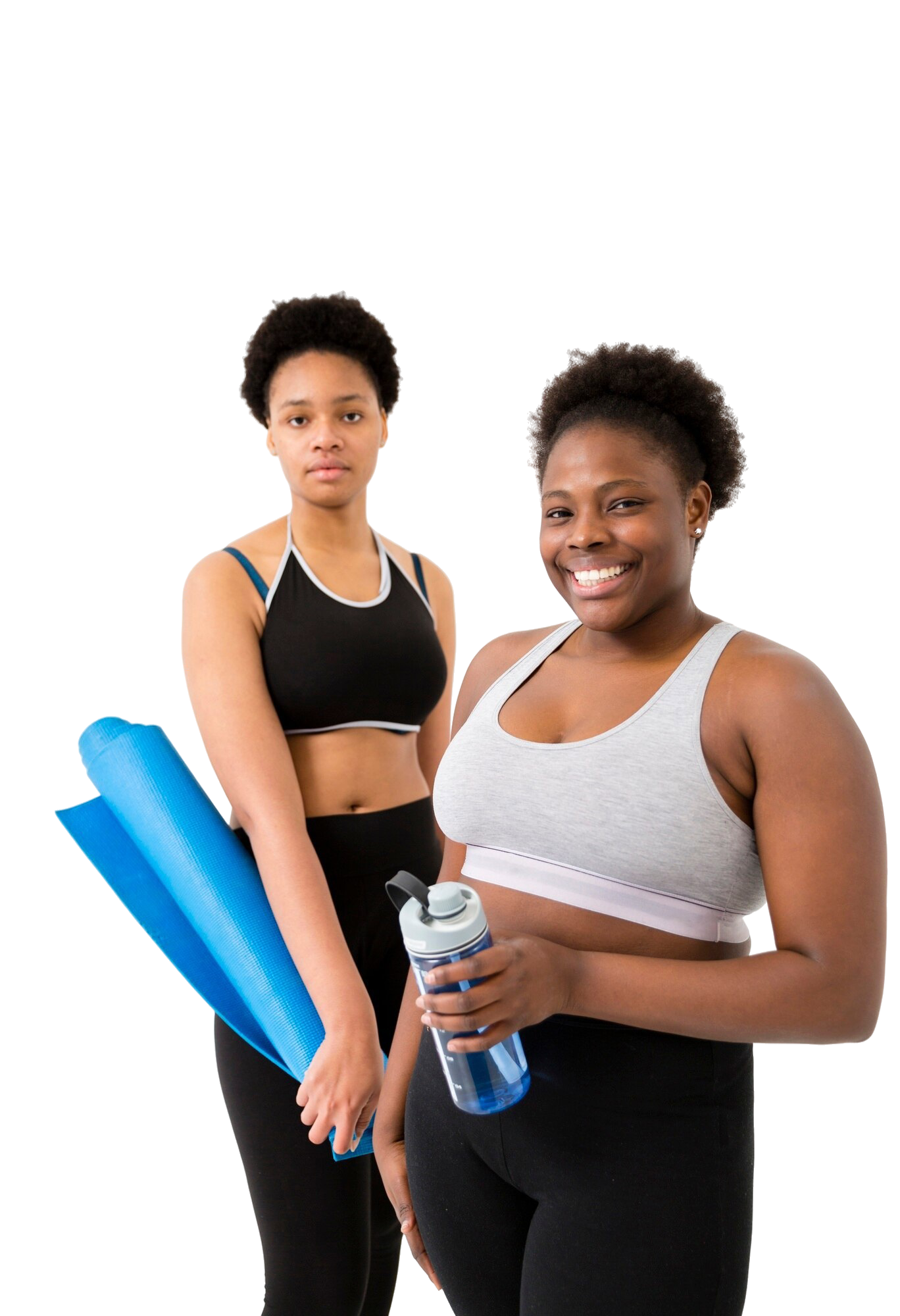 Femme prête pour son voyages sportifs avec sac à dos bleu et casque audio